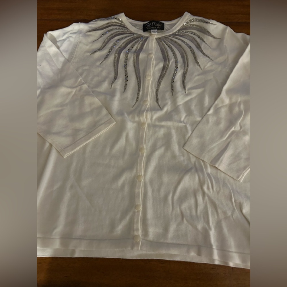 Elegant Bob Ma lie Wearable Art White Cardigan with Silver Embellishments